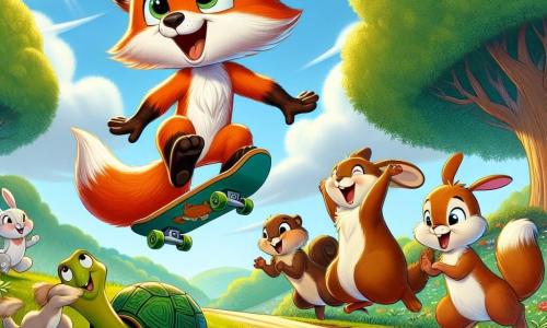 A little fox named Felix, with bright orange fur and a fluffy tail, is joyfully jumping on a skateboard, smiling with excitement in his eyes. Next to him, Benny the rabbit, with long ears and white fur, is jumping with joy, his eyes sparkling with encouragement, while Lila the squirrel, with her brown fur and bushy tail, enthusiastically claps from a tree branch. Tilly the turtle, with her green shell and mischievous eyes, stands on the ground, smiling and ready to give advice, right in front of Felix. The setting is a sunny meadow filled with colorful flowers dancing in the breeze, with majestic trees in the background and a bright blue sky. The scene captures the moment when Felix, full of determination, launches off the ramp, ready to make his first daring jump on the skateboard, surrounded by his friends cheering him on joyfully.