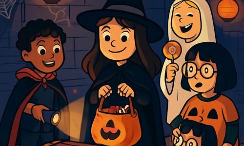 Er zijn 4 kinderen: - Lotte: een 10-jarig meisje met lange bruine haren, gekleed in een zwarte heksenmantel en een puntige hoed. Ze staat in het midden, glimlachend en vastberaden, met een grote snoepzak. - Noor: een 10-jarig meisje met blonde vlechten, verkleed als spook in een wit laken. Ze staat iets achteraan, lachend en met een gekleurde lolly. - Esra: een 10-jarig meisje met korte krullen, gekleed als vampier met een rode cape. Ze staat links en houdt een zaklamp vast die de weg verlicht. - Mila: een 10-jarig meisje met zwart haar en een bril, verkleed als pompoen in een oranje jurk. Ze staat rechts en kijkt nieuwsgierig om zich heen. De scène speelt zich af in een donkere gymzaal, versierd met spinnenwebben en pompoenlantaarns. De vloer is bedekt met bladeren en nepbeenderen. Schaduwen dansen op de muren en creëren een mysterieuze en feestelijke sfeer. De hoofdactie toont de vier vrienden die samen een Halloween-uitdaging aangaan. Ze zijn opgewonden en een beetje nerveus, klaar om een oude houten doos vol verrassingen te openen, omringd door angstaanjagende decoraties en flikkerende lichten.