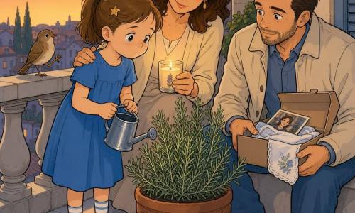 Bambina di 6 anni dal viso rotondo e capelli castani raccolti in una coda con una mollettina a stella, sguardo umido e labbra serrate, tiene un piccolo annaffiatoio e versa acqua in un grande vaso di rosmarino; sembra triste ma calma, veste un semplice abito blu e calzini a righe. Accanto la madre (circa 35 anni) con capelli castani sciolti posa la mano sulla spalla della bambina e accende una candela in un bicchiere, il padre (circa 38 anni) è seduto su un muretto dietro di loro con barba corta e giacca chiara, tiene una scatola aperta con una foto e un fazzoletto ricamato. Un piccolo uccellino bruno è sul bordo del balcone a osservare; il balcone è in pietra chiara, con un vaso di terracotta, una candela nel vetro, l’annaffiatoio metallico e la scatola. La luce è calda di candela mescolata al crepuscolo, ombre lunghe e toni pastello, atmosfera intima e pacata mentre la famiglia condivide un momento di ricordo.