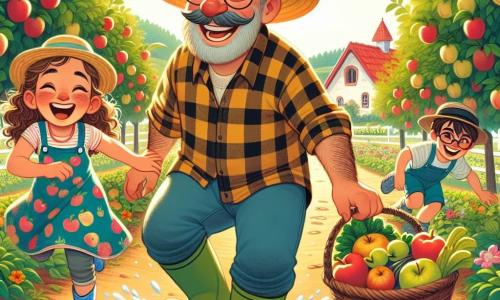 No centro da imagem, um homem chamado Joaquim, um agricultor sorridente de cerca de quarenta anos, usa uma camisa de flanela xadrez vermelha e um grande chapéu de palha. Seu rosto é bronzeado pelo sol, e seus olhos brilham de alegria enquanto colhe frutas em um pomar. Ao lado dele, uma menina chamada Ana, com cerca de 8 anos, tem cabelos cacheados e usa um vestido colorido. Ela ri enquanto salta em uma poça d'água, espirrando água ao seu redor. Um menino chamado Pedro, de 9 anos, com óculos e um boné, está um pouco atrás, segurando uma cesta cheia de legumes frescos, com um sorriso de admiração no rosto. O cenário é um pomar exuberante, cheio de macieiras carregadas de frutas maduras, sob um céu azul claro com algumas nuvens brancas. Flores coloridas bordam o caminho, e ao longe, vê-se a fazenda de Joaquim com seu telhado vermelho vivo. A cena principal mostra Joaquim e as crianças colhendo frutas e legumes, rindo e se divertindo juntos, criando uma atmosfera alegre e calorosa, cheia de vida e cores.