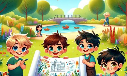 En un parque soleado, un grupo de cuatro chicos se prepara para una sorpresa especial. Nico, un niño de 8 años con cabello castaño desordenado y una sonrisa brillante, sostiene un gran cartel de cartón decorado con dibujos coloridos. A su lado, Lucas, un niño de 9 años con gafas redondas y cabello rubio, dibuja un plan en una hoja. Tomás, un niño de 7 años con cabello negro y ojos brillantes, sostiene un bonito ramo de flores silvestres que ha recogido. Por último, Sergio, un niño de 8 años con cabello castaño y un aire travieso, muestra una piedra en forma de corazón que ha encontrado. El parque está lleno de grandes árboles verdes, flores coloridas y un pequeño lago que brilla bajo el sol. Una suave brisa hace danzar las hojas y los pájaros cantan alegremente en las ramas. Los chicos están preparando una búsqueda del tesoro para celebrar el Día de la Madre y están a punto de esconder sorpresas para la mamá de Nico, que llega pronto. La emoción es palpable mientras se organizan para hacer de este día algo inolvidable.