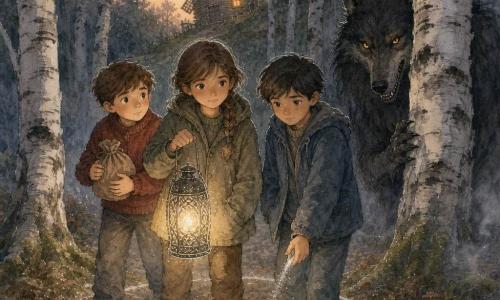 Cuatro personajes: Inés, niña de 12 años, piel clara, trenza, chaqueta caqui y una vieja linterna metálica grabada, en el centro con mirada decidida; Tomás, niño de 12 años, pelo castaño corto, suéter rojo, sostiene una bolsa de harina contra el pecho, a la izquierda y algo retraído; Bruno, niño de 12 años, pelo negro y ojos serenos, chaqueta azul gastada, deja caer harina formando un círculo en el suelo, a la derecha y cercano a Inés; y el Gran Lobo Malo, grande, pelaje gris oscuro brillante y ojos amarillos, semioculto tras un tronco, curvado en sombra alrededor del grupo. Lugar: sendero forestal crepuscular entre abedules de troncos blancos con corteza negra, suelo cubierto de hojas marrones y musgo, niebla baja y un molino inclinado con una ventana cálida al fondo. Situación: los tres niños avanzan juntos dentro del círculo de harina con la linterna de Inés proyectando luz suave; el lobo los observa en el borde de la claridad sin atacar, tensión contenida y solidaridad frente al miedo. Paleta y técnica: acuarela en verdes, marrones y grises azulados, con toques de gel blanco en la luz de la linterna, las letras grabadas y los reflejos en los ojos del lobo.