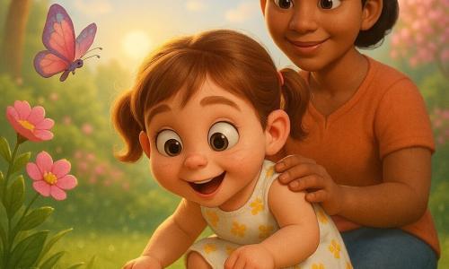 Bambina di 4 anni, allegra e curiosa, capelli castano chiaro in due codine, lentiggini sulle guance, occhi grandi e brillanti, veste un abito bianco a fiori gialli e sandali leggeri; è accovacciata sull'erba a osservare una fila di formiche che trasportano una grossa briciola; la mamma (30–35 anni) dal volto dolce, capelli castani lisci raccolti in uno chignon basso, seduta sull'erba dietro di lei con la mano sulla spalla, sorride teneramente; una piccola farfalla rosa e blu vola vicino a un mazzo di fiori rosa a sinistra; giardino primaverile luminoso con erba verde, goccioline di rugiada, cespugli fioriti rosa, un albero con gemme rosa, cielo azzurro e sole dorato; scena mattutina calma e luminosa, atmosfera dolce, colori vividi e resa realistica in stile film d'animazione 3D.