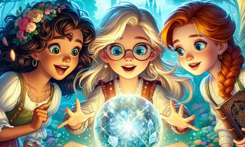 Al centro dell'immagine, tre ragazze di dodici anni sono riunite attorno a una piccola sfera di cristallo brillante. Anna, con i capelli castani ricci e un sorriso malizioso, si trova a sinistra, indicando la sfera con entusiasmo. Beatrice, con i capelli biondi lisci e occhiali, è al centro, con gli occhi spalancati dalla curiosità, mentre tiene un vecchio libro di incantesimi. A destra, Carla, con i capelli rossi intrecciati e un'espressione esitante, guarda la sfera con prudenza. Lo scenario è un giardino incantevole, pieno di fiori colorati e alberi maestosi, sotto un cielo blu splendente. I raggi di sole filtrano attraverso le foglie, creando ombre danzanti sul terreno. Le ragazze stanno scoprendo la sfera magica che brilla intensamente, pronta a esaudire un desiderio, mentre una leggera brezza fa volare alcuni petali intorno a loro, aggiungendo un tocco di magia all'atmosfera.