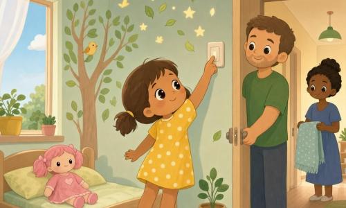 Menina de 4 anos, rosto redondo, cabelo castanho curto em rabo, olhos grandes e brilhantes, sorriso suave, expressão concentrada, estende o braço para desligar o interruptor do teto vestindo vestido amarelo com poás brancos; sua boneca Nina de tecido rosa está sobre a cama ao lado, com olhar fixo; o pai, cerca de 32 anos, cabelo curto, barba rala, de camiseta verde, sorri na porta com a mão na maçaneta, olhar afetuoso; a mãe, cerca de 30 anos, cabelo preso em coque, vestido azul, dobra uma mantinha no corredor observando com ternura; quarto infantil luminoso e colorido com cama baixa de madeira clara, adesivos de árvores e pássaros na parede, janela pequena com cortina branca esvoaçante e plantas no peitoril, atmosfera em tons pastel e iluminação quente que diminui quando a menina atua, pequenas estrelas e folhas desenhadas simbolizando o gesto ecológico.
