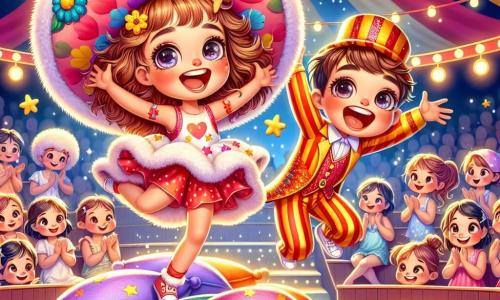 En el centro de la imagen, Lili, una niña de 7 años, lleva un gran sombrero colorido con flores y estrellas. Tiene grandes ojos brillantes y una sonrisa radiante, saltando alegremente sobre una montaña de almohadas suaves. A su derecha, Paco, un acróbata de 8 años, está haciendo un salto mortal, vestido con un traje rojo y amarillo brillante, con lentejuelas que brillan bajo las luces del circo. El decorado es un circo vibrante, con una carpa a rayas rojas y amarillas, llena de globos coloridos y guirnaldas luminosas. Los espectadores maravillados están sentados en bancos de madera, aplaudiendo y riendo. La escena principal muestra a Lili y Paco divirtiéndose juntos, rodeados de cojines suaves, mientras ríen y saltan, creando una atmósfera de alegría y magia.