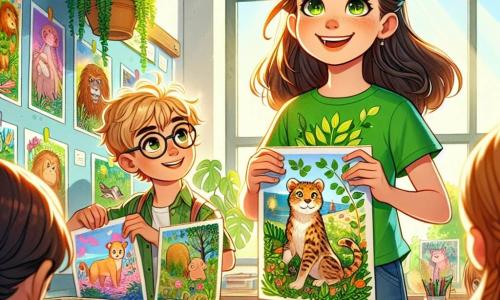 A 10-year-old girl, Lila, with long brown hair and sparkling curious eyes, stands in the center with a big smile on her face, holding colorful posters about endangered species. She wears a bright green t-shirt with a leaf pattern and denim shorts. Next to her is her friend Ben, a 10-year-old boy with blonde hair and round glasses, enthusiastically looking at the posters they created together, hands on hips and full of energy. Their environment is a bright classroom decorated with nature posters and green plants on the windows, with sunlight filtering through the curtains. Crayons and sheets of paper are scattered on the desks, showing their hard work. The main scene shows Lila and Ben preparing their presentation on protecting endangered animals, surrounded by attentive classmates eager to learn and engage in ecology.
