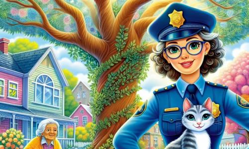 Lucía, una joven policía de unos 25 años, se encuentra con confianza al pie de un gran árbol, con su uniforme azul marino perfectamente ajustado y su gorra en la cabeza. Sonríe cálidamente, mostrando su entusiasmo y determinación para ayudar, mientras sostiene un gatito gris de ojos brillantes en sus brazos. Cerca de allí, Doña Rosa, una mujer mayor de unos 70 años, con cabello plateado y rostro arrugado, mira a Lucía con gratitud. Lleva un chal colorido y gafas, y sus manos temblorosas sostienen una cesta de mimbre llena de frutas. Se encuentra justo al lado del árbol, visiblemente aliviada y feliz de ver a su gatito salvado. El lugar es un barrio residencial tranquilo, con casas coloridas y jardines florecidos, y el cielo es de un azul brillante. El árbol, majestuoso y verde, se alza en el centro de la escena, con ramas extendidas y hojas brillantes que bailan al viento. La situación principal muestra a Lucía, la policía, trepando con cuidado en el árbol para salvar al gatito atrapado, mientras Doña Rosa la anima con palabras amables, creando una atmósfera de camaradería y bondad.