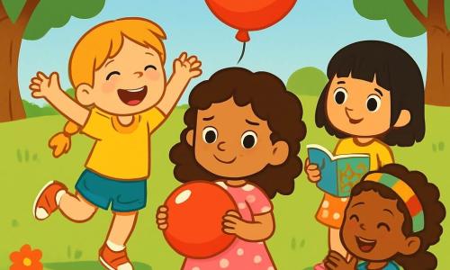 There are 4 children: Mia, a 5-year-old girl with curly brown hair wearing a pink polka dot dress, is in the center holding a shiny red balloon with a big smile. Zoe, also 5, has long blonde braids and is dressed in a yellow t-shirt and denim shorts, jumping joyfully to Mia's left. Aisha, a 5-year-old with a colorful headband and curly hair in a blue dress, is to Mia's right, clapping with a big smile. Emiko, a 5-year-old in bright pink shoes and black hair wearing a floral skirt, is behind Mia, holding an open storybook and looking on with interest. The scene takes place in a sunny park with a large green lawn and majestic trees in the background. The sky is bright blue with a few fluffy white clouds, and colorful flowers line the path, adding a touch of magic. The main situation shows the children playing together, laughing, and throwing the red balloon in the air. Mia looks happy, but a slight shadow of sadness crosses her face, revealing that she is hiding a secret. The other children are joyful and carefree, creating an atmosphere of camaraderie and friendship.