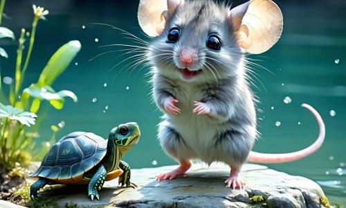 Op de voorgrond staat een kleine muis genaamd Minoes, met een zachte grijze vacht, grote nieuwsgierige ogen en ronde oren, op een steen aan de rand van een prachtig meer. Ze heeft een verwonderde en blije uitdrukking, met haar kleine voorpootjes omhoog alsof ze klaar is om te dansen. Naast haar staat Timo, een wijze schildpad met een groene schild en ondeugende ogen, die langzaam het landschap observeert met een vriendelijke glimlach. Verderop klimt Niko, een ondeugende eekhoorn met rood haar, vrolijk in een boom, terwijl hij een nootje zwaait en enthousiast naar Minoes kijkt. De achtergrond toont een schitterend meer, omringd door kleurrijke bloemen en grote bomen met weelderig loof, onder een blauwe lucht met donzige witte wolken. De scène vangt het moment waarop Minoes en haar vrienden het Verloren Meer ontdekken, een magische plek, terwijl ze zich verwonderen over de schoonheid van het landschap en het avontuur dat hen te wachten staat.