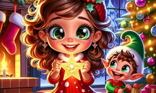 A 6-year-old girl named Emily, with big sparkling eyes and curly brown hair, smiles in wonder while holding a shimmering Christmas star in her hands. She wears a red polka-dot dress and striped socks. Next to her, a mischievous little elf, dressed in a bright green costume with a pointed hat, laughs joyfully, his eyes twinkling with mischief. The scene takes place in a cozy living room, decorated with a large illuminated Christmas tree, colorful garlands, and sparkling ornaments. Snowflakes gently fall outside, visible through a window adorned with fairy lights. Emily and the elf are near the fireplace, where woolen stockings are hung, and Christmas cookies are placed on a plate. The main situation shows Emily discovering the magic of Christmas, full of joy and excitement, as she holds the shining star, lighting up her face with a warm glow.