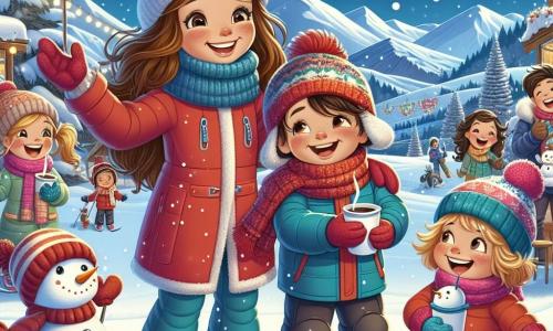 Um menino de 6 anos, Miguel, com cabelos castanhos bagunçados e um grande sorriso, está de pé na neve, com os braços levantados em sinal de alegria. Ele usa um macacão de esqui vermelho vivo, um gorro de lã azul e luvas coloridas. Ao seu lado, sua mãe, uma mulher de cerca de 30 anos, com cabelos longos e castanhos, sorri segurando uma xícara de chocolate quente, vestida com um elegante casaco de inverno. Um grupo de crianças, incluindo uma menina de 7 anos com cabelos loiros e cacheados e um menino de 5 anos com cabelos negros, se aproxima rindo, cada um segurando um boneco de neve feito à mão. O cenário é uma estação de esqui animada, com árvores decoradas com luzes cintilantes, flocos de neve caindo suavemente e montanhas majestosas ao fundo. A cena é cheia de cores vibrantes e uma atmosfera festiva, com luzes brilhando na noite estrelada. A situação principal mostra Miguel e seus novos amigos se divertindo juntos, prontos para celebrar o Ano Novo, cercados de risos e alegria, enquanto um boneco de neve colorido flutua no céu, carregando convites para a festa.