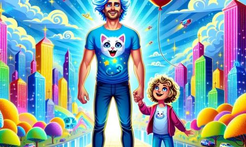 Ein Mann, Blitzmax, steht im Zentrum der Bühne, mit leuchtend blauen Haaren, die wie Sterne funkeln. Er trägt ein T-Shirt mit Katzenmotiven und eine bunte Hose, und zeigt einen Ausdruck von Neugier und Staunen. Neben ihm steht ein etwa 8-jähriges Mädchen mit lockigem Haar und einem strahlenden Lächeln, das einen roten Ballon hält, der in den Himmel fliegt. Sie schaut Blitzmax bewundernd an. Im Hintergrund erstreckt sich die Stadt Sonnenglanz mit bunten Gebäuden, leuchtenden Bäumen und schwebenden Autos. Der Himmel ist strahlend blau, mit fluffigen Wolken. Blitzmax, ohne sein Superheldenkostüm, erkundet die Stadt mit einem Entdeckerblick und fragt sich, wie es ist, einfach Max zu sein.