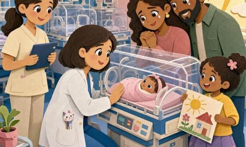 A gentle smiling female doctor with a round face and bright eyes kneels by an incubator, hand on the glass; a nurse with tied-back hair in a cream tunic stands to her left holding a tablet and smiling. Tiny newborn Olivia is swaddled in a pale pink blanket inside the incubator, looking toward the doctor with curious eyes. Olivia’s parents stand close, holding hands, eyes moist and smiling, leaning toward their baby. Sister Mia, about six, proudly holds a colorful drawing of a sun and house beside their father. The bright neonatal ward has rows of clear incubators, star-patterned pink and blue wallpaper, sunlight through large windows, and soft monitors; the morning scene shows the doctor gently guiding the family to touch the incubator, offering smiles and songs, warm and hopeful.
