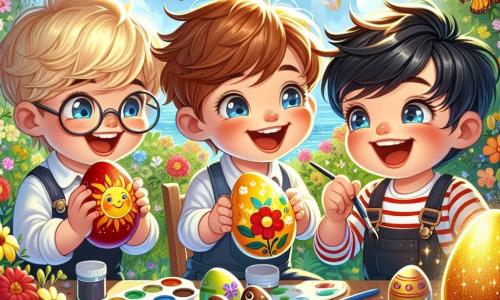 Tres niños alegres están decorando huevos de Pascua. Pablo, un niño de 8 años con cabello castaño y gafas, sostiene un huevo rojo decorado con un sol, sonriendo con orgullo. A su lado, Tomás, un niño de 7 años con cabello rubio y ojos brillantes, muestra su huevo azul en forma de pez, riendo de felicidad. Por último, Luis, un niño de 6 años con cabello negro desordenado, sostiene un huevo amarillo decorado con una flor, saltando de emoción. Están en un jardín soleado, lleno de flores coloridas y árboles verdes. Mariposas vuelan alrededor mientras una gran mesa de madera está cubierta de pinturas y pinceles. En el centro de la escena, los tres amigos descubren un huevo dorado brillante, rodeado de chocolates, que parece ser un tesoro mágico. Se acercan con ojos asombrados, listos para abrir esta sorpresa encantada.