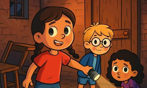 Hay 3 personajes: - Carla: una niña valiente de 7 años, con trenzas de cabello castaño y ojos brillantes. Lleva una camiseta roja y unos jeans. Está frente a la puerta del laboratorio, lista para abrirla. - Tomás: un niño de 7 años, con cabello rubio despeinado y gafas redondas. Lleva una chaqueta azul y un pantalón corto. Está un poco detrás, sosteniendo una linterna que ilumina el camino. - Lucía: una niña de 7 años, con cabello negro y rizado, que lleva un vestido violeta. Está agachada cerca de la trampilla, observando con curiosidad y un poco de preocupación. El lugar es un antiguo laboratorio abandonado, con paredes de ladrillo agrietadas, cubiertas de telarañas. Muebles de madera están volteados y papeles amarillentos están esparcidos por el suelo. Una luz tenue filtra a través de las ventanas rotas, proyectando sombras inquietantes sobre el suelo polvoriento. La situación principal muestra a los tres amigos frente a una puerta de madera desgastada, con una atmósfera misteriosa y ligeramente aterradora. Dudan en entrar, sus rostros reflejando tanto miedo como emoción por la aventura que les espera.