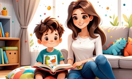 Un ragazzo di 4 anni di nome Leo, con capelli castani disordinati e occhi brillanti, è seduto su un grande cuscino colorato nel soggiorno. Sembra un po' stanco ma sorride, tenendo un libro aperto con immagini di dinosauri. Accanto a lui, sua mamma, una donna di circa 30 anni con lunghi capelli castani e un sorriso caloroso, è seduta sul tappeto. Guarda Leo con tenerezza mentre gli mostra un'illustrazione nel libro. Il soggiorno è luminoso e accogliente, con pareti dipinte di giallo pastello, giocattoli sparsi sul pavimento e una grande finestra che lascia entrare la luce del sole. La scena principale mostra Leo e sua mamma che leggono insieme, creando un momento confortante mentre Leo si riprende da una leggera malattia.