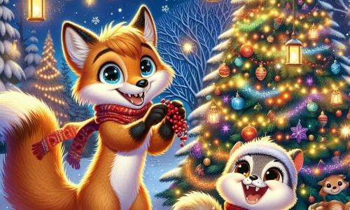 Rufián, un zorro de pelaje dorado y ojos brillantes, está en el centro de la escena, sonriendo con asombro mientras decora un gran árbol de Navidad con guirnaldas coloridas y estrellas brillantes. A su lado, Chispa, una pequeña ardilla de cola esponjosa y ojos traviesos, le ayuda alegremente sosteniendo una guirnalda de bayas rojas, riendo con entusiasmo. El decorado es un jardín de ensueño, cubierto de un suave manto de nieve brillante, iluminado por farolitos colgados de las ramas, mientras copos de nieve caen suavemente del cielo estrellado. La escena captura la magia de la preparación de una fiesta navideña, con los animales del bosque reunidos alrededor del árbol, compartiendo risas y alegría en una atmósfera cálida y festiva.