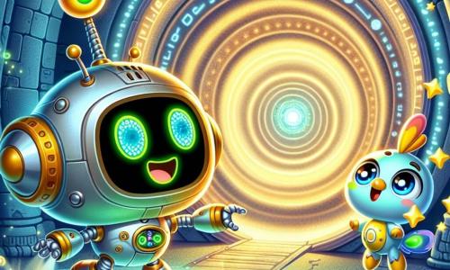 El personaje principal, Bubbles, es un robot alegre con una esfera brillante en su pecho que pulsa en verde. Tiene un cuerpo metálico de formas redondeadas, ojos expresivos y una gran sonrisa, y baila con entusiasmo en el centro de un círculo luminoso, listo para entrar en un portal temporal. A su lado, Zippy, un pequeño robot volador con alas coloridas, parece emocionado, sus ojos brillan de curiosidad. Flota ligeramente sobre el suelo, preparado para lanzarse a la aventura. Sparky, un pequeño dragón chispeante, también está presente, sus escamas brillan como estrellas. Salta en su lugar, lanzando chispas de alegría mientras mira el portal con asombro. El lugar es una caverna misteriosa, con paredes brillantes adornadas con inscripciones luminosas en azul, y en el centro, un gran círculo vibrante de luz dorada que parece pulsar con energía mágica. La situación principal muestra a Bubbles, Zippy y Sparky, de la mano, listos para saltar en el portal temporal, rodeados de una aura de luz brillante, simbolizando su viaje hacia aventuras extraordinarias a través del tiempo.
