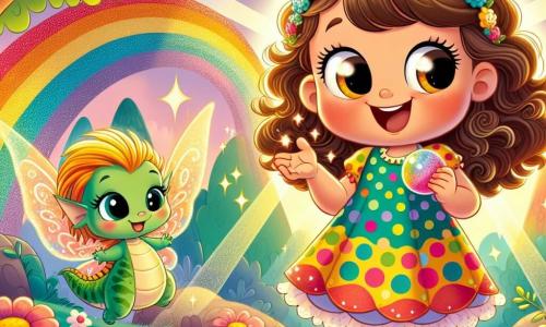 A 2-year-old girl with big bright eyes and curly hair is wearing a colorful polka-dot dress and has a big smile on her face. She holds a small sparkling pebble in her hand, gazing in wonder at a joyful fairy floating beside her. The fairy, small and luminous, has sparkling wings and golden hair, laughing as she waves her magic wand, surrounded by tiny sparkles. A friendly dragon with green scales and gentle eyes stands a bit further away, smiling at the scene. The setting is the rainbow forest, where brightly colored trees softly sing and flowers dance to the rhythm of the wind. Sun rays filter through the leaves, creating a magical and warm atmosphere. The main situation shows the little girl and the fairy getting ready to help the dragon find his lost kite, with expressions of determination and excitement on their faces.