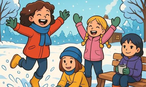 Es gibt 4 Kinder: - Lina: ein 8-jähriges Mädchen mit braunen, lockigen Haaren, das einen leuchtend roten Mantel und einen blauen Schal trägt. Sie springt fröhlich in einer großen Schneepfütze und spritzt Schneeflocken um sich herum. - Mia: ein 9-jähriges Mädchen mit geflochtenen blonden Haaren, gekleidet in einer rosa Parka und grünen Handschuhen. Sie steht neben Lina, lacht und hebt die Arme in die Luft. - Nele: ein 8-jähriges Mädchen mit glatten, kastanienbraunen Haaren, das eine blaue Mütze und einen gelben Mantel trägt. Sie hockt und sammelt Schnee, um einen Schneeball zu machen. - Sara: ein 9-jähriges Mädchen mit kurzen, schwarzen Haaren, gekleidet in einer lila Daunenjacke und orangefarbenen Stiefeln. Sie sitzt auf einer Holzbank, hält eine Tasse heißen Schokolades und beobachtet ihre Freundinnen mit einem Lächeln. Die Szene spielt in einem Winterpark, wo der Boden mit einer dicken Schicht glitzernden Schnees bedeckt ist, der unter der Wintersonne leuchtet. Bäume mit schneebedeckten Ästen umgeben den Park, und sanfte Schneeflocken fallen vom hellblauen Himmel. In der Ferne sieht man eine kleine Holzhütte mit Rauch, der aus dem Schornstein aufsteigt. Die Hauptsituation zeigt die Kinder, die zusammen spielen, während Lina den Schnee spritzt, Nele einen Schneeball vorbereitet und Mia und Sara fröhlich lachen, was eine Atmosphäre von Glück und Freundschaft im Winter schafft.