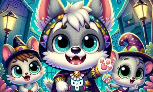 Un pequeño lobo llamado Lucho, con un suave pelaje gris y ojos brillantes de curiosidad, se encuentra en el centro de la imagen, vestido con un disfraz de monstruo de peluche, con una capa colorida y colmillos de cartón. Muestra una gran sonrisa de emoción, con los brazos levantados, como si hubiera descubierto un tesoro. A su derecha, Tino, un pequeño ratón de pelaje marrón y grandes orejas, está disfrazado de vampiro, con una capa negra y dientes blancos brillantes. Parece maravillado, con los ojos muy abiertos, mientras sostiene una pequeña bolsa llena de caramelos. A la izquierda, Clara, una gata gris con ojos verdes brillantes, lleva un vestido de bruja adornado con estrellas brillantes. Sonríe alegremente, sosteniendo una varita mágica, lista para lanzar un hechizo. El escenario es un jardín misterioso, lleno de plantas retorcidas y calaveras decorativas, bajo un cielo nocturno estrellado. Luces de colores brillan alrededor de las casas, y sombras bailan en las paredes. La situación principal muestra a Lucho y sus amigos descubriendo un antiguo disfraz de mago en un viejo cobertizo, rodeados de caramelos que caen del cielo, creando una atmósfera mágica y festiva de Halloween.