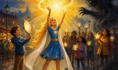 Una heroína luminosa y sonriente de cabello largo dorado que brilla como hilos de sol, con capa blanca y vestido azul centelleante, alza las manos enviando un halo de luz ámbar hacia el cielo; a la izquierda hay un niño de 10 años de cabello castaño corto y rostro maravillado que sostiene un pequeño espejo que refleja la luz; al fondo, habitantes mixtos en siluetas coloridas con objetos brillantes sonriendo; la plaza central de la ciudad llamada Oscuridad tiene adoquines grises húmedos, fachadas bajas cubiertas de bruma suave, farolas apagadas y un café con ventanas cálidas que proyecta destellos anaranjados; escena principal: confrontación luminosa en la que la heroína combate una gran sombra ahumada negra de bordes difusos, la luz irradia en rayos nítidos y colores cálidos con alto contraste entre zonas oscuras y estallidos luminosos; estilo: pintura acrílica viva con pinceladas visibles, paleta cálida (amarillo, naranja, azul profundo) y atmósfera de esperanza y coraje.
