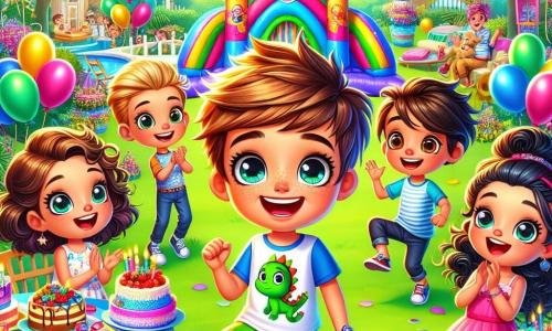 En un jardín colorido, cinco niños celebran un cumpleaños. Nico, un niño de seis años con cabello castaño y ojos brillantes, lleva una camiseta con un dragón verde y azul. Está en el centro, sonriendo, rodeado de sus amigos. A su derecha, Sara, una niña de cabello rubio y rizado, lleva un vestido rosa y aplaude con entusiasmo. A su izquierda, Lucas, un niño con gafas redondas y cabello castaño, mira el cielo con asombro. Carla, una niña con trenzas negras, salta de alegría cerca del castillo inflable, mientras Tomás, un niño pelirrojo, sostiene un globo en forma de estrella y ríe a carcajadas. El jardín está decorado con globos de colores, serpentinas brillantes y una gran mesa llena de pasteles y golosinas. En el centro, un castillo inflable colorido invita a los niños a jugar. La escena muestra la emoción y la alegría del cumpleaños, con risas y sonrisas radiantes, mientras un pequeño conejo mágico, Tico, observa la fiesta desde un rincón, listo para traer su magia.