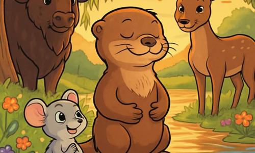 Ein junger Otter namens Nilo mit einem weichen, glänzenden braunen Fell steht auf einem Felsen am Ufer eines glitzernden Flusses. Er hat einen friedlichen und gelassenen Blick, seine Augen strahlen sanft, während er tief atmet, die Pfoten auf seinem Bauch. Neben ihm beobachtet seine kleine Schwester Tami, eine graue Maus mit großen neugierigen Augen, ihn bewundernd, ihr Gesicht strahlt Freude und Bewunderung aus. Im Hintergrund stehen ihre Eltern, ein majestätischer Bison und eine sanfte Reh, lächelnd und liebevoll, was eine warme und familiäre Atmosphäre schafft. Der Ort ist eine bezaubernde Landschaft, beleuchtet vom goldenen Licht des Sonnenuntergangs, mit Weidenbäumen und bunten Blumen am Fluss. Die Wasseroberfläche spiegelt die Farben des Himmels wider und schafft ein beruhigendes Bild. Die Hauptsituation zeigt Nilo, der Tami beibringt, wie man tief atmet, indem er die Bewegung der Wellen des Flusses imitiert, während eine sanfte Brise die Blätter um sie herum tanzen lässt und ein Gefühl von Ruhe und Gelassenheit vermittelt.