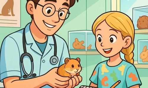 A male veterinarian in his thirties, with messy brown hair and round glasses, smiles warmly while examining a small hamster in his hands. His eyes sparkle with kindness and focus. Next to him, a 10-year-old girl with braided blonde hair watches in awe, holding a notebook. She wears a colorful t-shirt with animal patterns and seems eager to learn. The scene takes place in a bright veterinary clinic with pastel green walls and animal posters. Transparent cages with curious animals are arranged on shelves, and a large window lets in sunlight, illuminating the space. The veterinarian carefully examines the hamster, which has bright eyes and soft fur, while the girl takes notes with a big smile, fascinated by the care given to the animal.