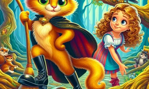 Puss in Boots, an elegant cat with golden fur and sparkling mischievous eyes, stands proudly at the center of the scene, his tail curled around him. He wears his famous shiny black boots and a feathered hat, displaying a determined and brave expression. Next to him, an 8-year-old girl with curly hair and curious eyes admires the cat while holding a wooden broom, ready to help clean the forest. In the background, a wise old owl with gray feathers and round eyes perches on a branch of a majestic tree, observing the scene thoughtfully. The setting is the Enchanted Forest of Forgotten Things, where twisted trees rise with leaves shimmering in bright colors, but colorful litter litters the ground, creating a sad contrast to the natural beauty. The main situation shows Puss in Boots and the girl united in their mission to save the forest, enthusiastically sweeping up the trash while the owl watches, ready to offer wise advice.