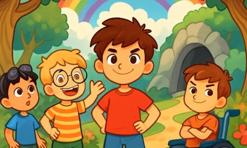 Ci sono 4 bambini: - Leo: un ragazzo di 10 anni, con capelli castani disordinati e occhi brillanti come stelle. Indossa una maglietta rossa e pantaloni di jeans. Si trova al centro, mostrando il suo coraggio con un sorriso determinato. - Max: un ragazzo di 9 anni, con capelli biondi e occhiali rotondi. Indossa una maglietta a righe e pantaloni verdi. È a sinistra di Leo, ridendo e gesticolando con entusiasmo. - Tom: un ragazzo di 10 anni, con capelli castani e occhi furbi. Usa una sedia a rotelle decorata con adesivi colorati. È a destra di Leo, con le braccia incrociate e un'espressione astuta. - Sam: un ragazzo di 8 anni, con capelli neri e occhiali da sole sulla fronte. Indossa una maglietta blu e pantaloni cargo. È leggermente indietro, con gli occhi spalancati per curiosità, guardando il cielo. Il luogo è una foresta incantata, con alberi alti e tronchi contorti e foglie verdi brillanti. Fiori multicolori danzano al vento, e un sentiero di terra serpeggiante conduce a una caverna misteriosa, circondata da nuvole leggere. I quattro amici sono davanti all'ingresso della caverna, determinati ad affrontare lo stregone. Si tengono per mano, uniti e coraggiosi, pronti a salvare la magia della foresta. Un arcobaleno scintilla sopra di loro, simboleggiando la loro amicizia e speranza.