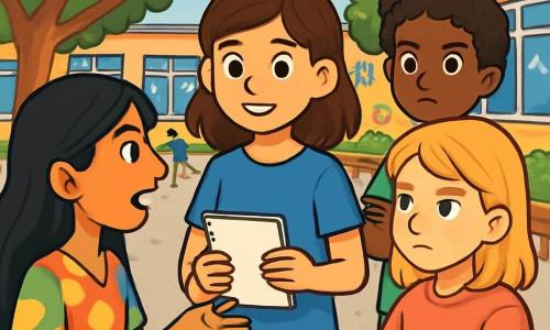 Er zijn 4 kinderen: Noor, een 12-jarig meisje met bruin haar en sprankelende ogen, in een blauwe t-shirt en jeans, staat in het midden, glimlachend met een notitieboek in haar handen. Yasmin, een 12-jarig meisje met lang zwart haar en een olijfkleurige huid, in een kleurrijke jurk, staat links van Noor en praat enthousiast. Lotte, een 12-jarig meisje met blond haar en sproeten, in een roze sweatshirt, staat rechts van Noor en luistert aandachtig met een serieuze blik. Djamila, een 12-jarig meisje met krullend haar en een donkere huid, in een groene t-shirt, staat achter Noor met gekruiste armen en een vastberaden uitdrukking. De scène speelt zich af op een zonnige schoolplein, omringd door hoge bomen met groene bladeren. Kinderen spelen in de verte, en er zijn houten banken op de betonnen vloer. De lucht is blauw met enkele witte wolken, en op de muren van de school zijn kleurrijke tekeningen te zien. De vier vriendinnen bespreken samen hun ideeën over racisme in een serieuze maar vriendschappelijke conversatie, omringd door andere kinderen die aandachtig luisteren. Hun gezichten tonen zowel vastberadenheid als hoop voor positieve verandering.