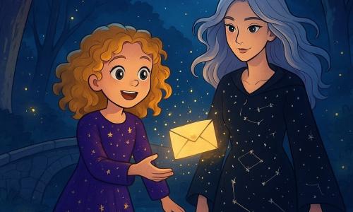 A young witch, Hazel, about 10 years old with curly golden hair, wears a purple velvet dress adorned with sparkling stars. She has sparkling eyes filled with curiosity and an amazed smile as she stands at the edge of a glowing bridge, reaching for a floating envelope. Beside her is Maud, a mysterious woman around 30, with silver hair floating around her face, wearing a black dress decorated with constellation patterns. She watches Hazel with a kind gaze, ready to help. The setting is an enchanted forest, where majestic trees with silver trunks rise towards a starry sky, and fireflies dance around a shimmering pond reflecting the moonlight. The main scene shows Hazel and Maud chasing a magical letter that escapes, illuminated by bursts of light, while the ancient, mysterious stone bridge stretches behind them, creating an atmosphere of magic and adventure.