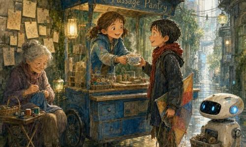 A cheerful, mischievous 10-year-old girl with brown pigtails and freckles, wearing a sky-blue paint-stained jacket, smiles and offers a steaming cup of tea from a small sky-blue painted wooden cart labeled 
