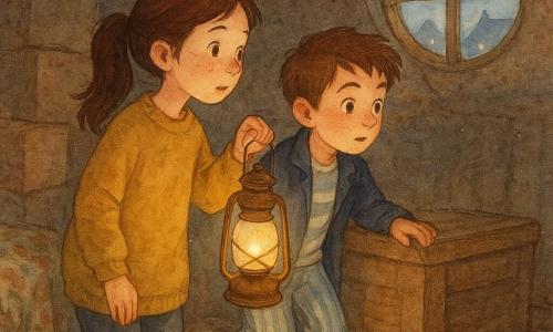 Two children: Mira, 9, brown hair in a ponytail, freckles, oversized mustard-green sweater, holding a small brass lantern that casts a pale beam toward the attic window; Leo, 9, short chestnut hair, navy jacket and striped pajama bottoms, curious brows, leaning on an old wooden crate and watching the light line on the floor. Dusty attic with worn wooden floorboards, stacked boxes, a floral blanket in a corner, a small round window showing rooftops and distant streetlamps, rays of dust in the lantern's beam. The lantern's thin line of light points to the window; both children follow it with amazed faces, intimate mysterious atmosphere, warm watercolor tones and visible grainy textures of dust and aged wood.