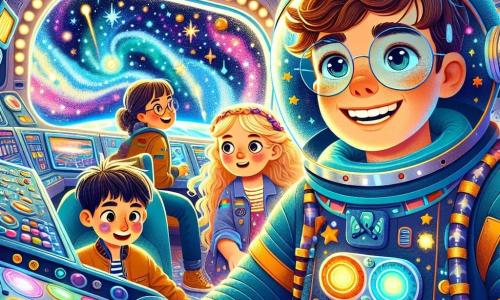 Um homem chamado Lucas, com cabelos castanhos e óculos redondos, sorrindo entusiasticamente, está no centro da imagem, de pé dentro de sua nave espacial colorida, a "Estrela Brilhante". Ele veste um traje espacial azul decorado com estrelas brilhantes e mostra um painel de controle cheio de botões luminosos. Ao seu lado, uma menina de 8 anos chamada Mia, com cabelos loiros em tranças e um grande sorriso, observa as estrelas através de um visor, com os olhos brilhando de maravilha. Um menino de 9 anos, chamado Tom, com cabelos negros e óculos, está sentado em uma cadeira, segurando um pequeno gadget espacial, com uma expressão concentrada e pronto para ajudar. A nave espacial está cercada por uma paisagem cósmica deslumbrante, com estrelas cintilantes, planetas coloridos e nebulosas brilhantes ao fundo, criando uma atmosfera mágica e aventureira. A cena principal mostra Lucas e as crianças ajudando outra nave espacial em dificuldades, com cordas e ferramentas flutuando ao redor deles, ilustrando o espírito de equipe e a amizade que os une nesta aventura espacial.