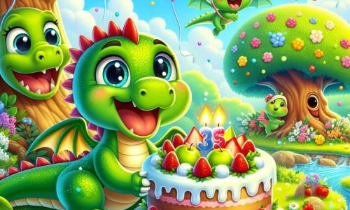 Ilustración que representa a un pequeño dragón verde con escamas brillantes y grandes ojos llenos de alegría. Sonríe ampliamente mientras sostiene un hermoso pastel de frutas coloridas, decorado con fresas rojas, rodajas de peras amarillas y manzanas verdes. Un gran árbol con un follaje exuberante, ojos amigables y una sonrisa cálida, está al lado del dragón, expresando gran alegría y aplaudiendo con sus ramas. Un arroyo resplandeciente, con aguas claras y burbujeantes, serpentea cerca de ellos, con burbujas que estallan en la superficie, mostrando su entusiasmo por la fiesta. El lugar principal es un hermoso paisaje de un bosque encantado, con flores brillantes de todos los colores, rayos de sol filtrándose a través de las hojas y un cielo azul salpicado de nubes blancas esponjosas. La situación principal muestra al dragón celebrando su cumpleaños, rodeado de sus amigos, cantando y riendo, listo para cortar su pastel. Otros elementos gráficos incluyen globos coloridos flotando en el aire, guirnaldas de flores colgando de las ramas del árbol y pequeños animales del bosque observando la fiesta con expresiones alegres.