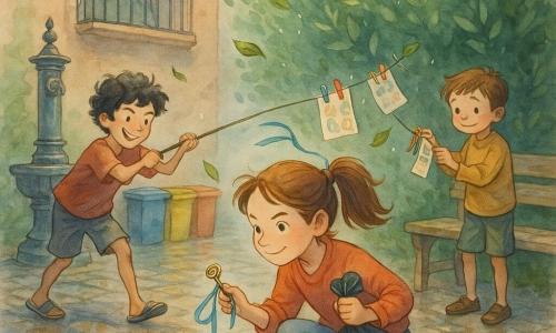 Una bambina di 12 anni, determinata e gioiosa, viso concentrato, guance rosate, capelli castani raccolti in una coda, tiene una piccola chiave di ottone con un nastro blu in una mano e un sacco della spazzatura quasi pieno nell'altra, accovacciata vicino a un piccolo sportellino nel muro; un ragazzo di circa 12 anni, capelli neri ricci, sorriso malizioso, indossa ciabatte, tende una corda tenendo una lunga spazzola, posto a sinistra; un bimbo di circa 8 anni, capelli castano corti, timido ma fiero, tiene mollette colorate e raccoglie volantini vicino a una panchina di legno a destra; una donna anziana di circa 60 anni, capelli grigi raccolti, camicetta a fiori, con una tazza di tè e una grande spazzola osserva benevola da un balcone; luogo: piccolo cortile lastricato con pietre bagnate, fontanella in ghisa, bidoni colorati, alta siepe di alloro; situazione: i tre bambini cooperano — la bambina apre lo sportellino con la chiave brillante, il ragazzo tende la spazzola per afferrare un cilindro, il più piccolo fissa volantini sulla corda con le mollette, foglie e gocce d'acqua volano; stile: acquerello morbido, colori pastello saturi, texture bagnate, tratti fini e dettagli luminosi.
