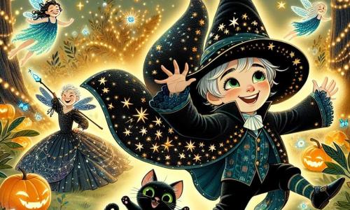 Un ragazzino di 4 anni, di nome Luca, indossa un costume da mago con un mantello nero decorato con stelle brillanti e un cappello a punta. Il suo viso è illuminato da un grande sorriso di meraviglia mentre danza gioiosamente in mezzo a una festa magica. Accanto a lui, un gatto nero di nome Micio, con occhi verdi scintillanti, salta con entusiasmo, le sue delicate zampe sfiorano il suolo. La scena si svolge in un boschetto incantato, pieno di luci scintillanti e creature fantastiche: fate con ali colorate volteggiano attorno a lui, zucche sorridenti illuminano il terreno e alberi con foglie dorate formano un'atmosfera da favola. Luca, meravigliato, partecipa a una danza gioiosa con le fate, mentre una dolce strega, con lunghi capelli argentati e un abito stellato, li osserva con un sorriso benevolo, aggiungendo un tocco di magia a questa notte di Halloween.