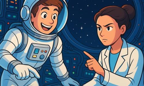 Ein Mann, Jonas, trägt einen glänzenden weißen Astronautenanzug mit funkelnden silbernen Details. Sein Gesicht zeigt spürbare Aufregung, mit funkelnden Augen und einem breiten Lächeln. Er schwebt in der Raumkapsel, umgeben von leuchtenden Kontrollpanelen und bunten Knöpfen. Neben ihm steht Anna, die Missionsleiterin, eine Frau in ihren Dreißigern mit braunen, zu einem Dutt gebundenen Haaren. Sie trägt einen Laborkittel und beobachtet die Bildschirme mit intensiver Konzentration, ihr ernstes Gesicht steht im Kontrast zur Begeisterung von Jonas. Das Innere der Raumkapsel ist mit Kabeln, Bildschirmen, die Daten anzeigen, und blinkenden Lichtern gefüllt, was eine futuristische und dynamische Atmosphäre schafft. Fenster zeigen die schwarze Weite des Weltraums, gespickt mit leuchtenden Sternen. Die Hauptsituation zeigt Jonas und Anna, die sich auf den Start vorbereiten, während Jonas bereit ist, einen entscheidenden Knopf zu drücken, während Anna ihm Anweisungen gibt, was eine aufregende und erwartungsvolle Spannung erzeugt.