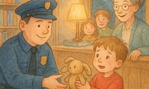 Een vriendelijke mannelijke agent van in de dertig, rond gezicht en glimlach, in donkerblauw uniform knielt neer en reikt een versleten knuffelkonijn aan; een ongeveer vijfjarig jongetje met lichtbruin haar en nog rode tranen houdt het konijn stevig tegen zijn borst, opgelucht en verwonderd; een bibliothecaresse van ongeveer vijftig met grijs haar in een knot en ronde bril staat achter een houten balie en wijst naar de knuffel; op de achtergrond kijken twee achtjarige kinderen nieuwsgierig vanaf een lage plank; warme kleine bibliotheek met houten kasten, kleurrijke boekcovers, zacht tapijt en een schemerige avondlucht buiten de raam; intieme, rustige scène in pastel- en aquarelstijl, gericht op het herstel van de knuffel en het troostende moment tussen agent en kind.