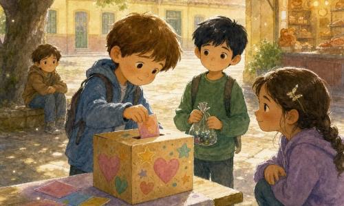 Un niño de 8 años, rostro redondo con ligeras pecas, cabello castaño corto, mirada decidida y suave; inclina el cuerpo con timidez y coloca una hoja colorida en una caja de cartón decorada con corazones y estrellas. A la derecha, Sami, también de unos 8 años, cabello muy negro y piel clara, con sudadera verde y una bolsita de canicas en las manos, observa con curiosidad reservada; cerca de un banco, Nora, de unos 8 años, piel morena y trenzas, con un pendiente brillante detrás de la oreja, está agachada sonriendo de forma alentadora; Diego, otro niño de 8 años de cabello castaño, permanece algo retraído a la sombra de un árbol, con las manos sobre las rodillas, observando en calma. Escena en el patio frente a la puerta de la clase, suelo de losas crema, una mesa con cartas y la caja de la “Semana de la Convivencia”, fachada escolar amarillo pálido y una pequeña panadería en la esquina; ambiente matutino tierno y tranquilo de aceptación y atención entre los niños.