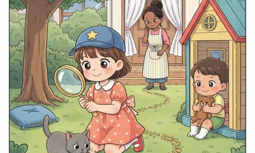 Lila, bambina di 4 anni, sorridente e concentrata, è inginocchiata in un giardino familiare al crepuscolo e, con una lente di plastica, segue una scia di briciole dorate dalla cucina fino a una casetta di legno colorata; indossa un berretto blu con una stella, un vestito a pois pesca e scarpe rosse, ha capelli castani corti e occhi grandi; vicino a lei il gatto grigio Poldo annusa le briciole, a destra nella casetta Tom, 4 anni, seduto con mani appiccicose e un orsacchiotto, porta maglietta gialla e pantaloncini verdi, e sullo sfondo la mamma sui 30 anni osserva dolcemente dalla porta, indossando un grembiule pastello e i capelli raccolti, atmosfera tranquilla e giocosa con toni caldi e tratti rotondi in stile manga per bambini.