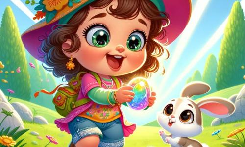 A one-year-old girl with sparkling big eyes and brown curls wears a large colorful hat and a small backpack. She is joyfully dancing in the grass, holding a pretty shiny stone in her hands, with a big smile on her face. Next to her, a curious and cute little white rabbit with big ears observes the scene, sitting on its hind legs, intrigued by the girl and looking at the stone with wide eyes. The setting is a sunny park filled with colorful flowers, lush green trees, and soft grassy lawns. Sunlight filters through the leaves, creating dancing shadows on the ground. The main situation shows the little girl discovering her treasure, a shiny stone, and celebrating her find with a joyful dance, surrounded by the beauty of nature.