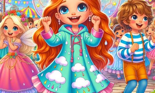 Ein 6-jähriges Mädchen, Lilli, mit langen roten Haaren und funkelnden Augen, trägt ein buntes Regenkostüm mit Wolken- und Tropfenmustern. Sie tanzt begeistert, ihre glitzernden Feenflügel hinter ihr, ein großes Lächeln erhellt ihr Gesicht. Neben ihr applaudiert ein 7-jähriger Junge, Max, mit zerzausten braunen Haaren und einem gestreiften T-Shirt, er trägt ein Piratenkostüm mit einem Federhut. Ein weiteres Kind, ein 6-jähriges Mädchen namens Clara, mit lockigem blondem Haar, ist als Prinzessin verkleidet, trägt ein rosa Kleid und eine funkelnde Krone und macht fröhliche Tanzgesten, während sie Lilli ansieht. Die Szene spielt auf einem großen, lebhaften Platz, geschmückt mit bunten Girlanden, schwebenden Ballons und Süßigkeitenständen, unter einem klaren blauen Himmel mit weißen Wolken. Lilli und ihre Freunde nehmen an einem fröhlichen Tanzwettbewerb teil, umgeben von anderen verkleideten Kindern, alle haben gemeinsam Spaß in einer festlichen und bunten Atmosphäre und feiern den Karneval mit Lachen und Freude.