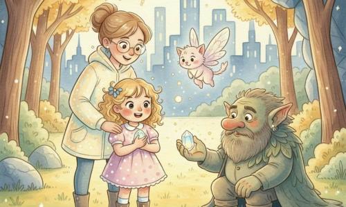 A joyful, brave 6-year-old girl with a round face, curly blonde hair and wide, wonder-filled eyes clutches a small glowing Stone of Light to her chest; behind her stands her gentle-looking mother (30–35) with tied brown hair and thin glasses, hand on the girl's left shoulder, wearing a luminous technical coat; above the girl floats Twinkle, a cat-sized pale-pink, sparkling-winged creature scattering tiny sparks; to the right sits Grizzle, a large, stocky green-skinned troll with a scruffy beard and softened, surprised expression, reaching to return the crystal and wearing a coat of leaves; they stand at the entrance of a glowing cave in an urban park at night with shimmering grass, golden-leaved trees, blurred city lights and skyscrapers in the background and wet cobbled paths reflecting light — a reconciliatory, sharing moment surrounded by glowing creatures in a soft pastel palette of warm yellows and deep blues, with white gel-pen sparkles.