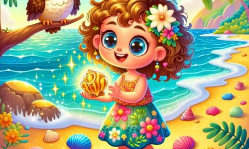 A 4-year-old girl named Lily, with big sparkling eyes and curly hair, smiles in wonder while holding a glowing magical shell in her hands. She wears a colorful floral dress and sandals, standing on the golden sand near the ocean. Next to her, a wise owl with brown and golden feathers perches on a tree branch, observing the scene with round, curious eyes, as if proud to assist her in her quest. The setting is a sunny beach, with shimmering waves dancing in the sun, colorful seashells scattered on the sand, and palm trees swaying gently in the breeze. The main scene shows Lily, full of joy and excitement, about to place the magical shell on the sand, ready to release the enchanted melody that will delight the ocean.