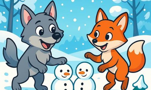 Ein kleiner Wolf mit glänzenden Augen und grauem Fell, Lupo, ist fröhlich und neugierig und spielt im frisch gefallenen Schnee. Er hinterlässt Pfotenabdrücke im strahlend weißen Schnee, mit aufgerichteten spitzen Ohren und einem großen Lächeln im Gesicht. Neben ihm springt ein kleiner Fuchs mit leuchtend orangefarbenem Fell, Fino, mit schelmischen Augen lachend im Schnee, seine agilen Pfoten hinterlassen zarte Abdrücke. Sie befinden sich in der Nähe eines kleinen, schneebedeckten Tannenbaums, umgeben von sanft fallenden Schneeflocken. Die Landschaft ist ein Winterbild mit majestätischen Bäumen, deren Äste mit Schnee beladen sind, einem hellblauen Himmel und sanften Schatten, die durch das Sonnenlicht entstehen. Die Szene zeigt Lupo und Fino, die zwei kleine Schneemänner bauen, zusammen lachen und voller Glück und Freundschaft sind.