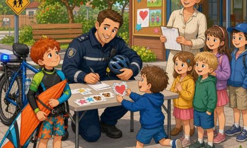 A friendly 35‑year‑old police officer with short brown hair and a navy reflective jacket, helmet in hand, crouches at a folding table writing name tags while handing out colorful sticker labels; behind him to the right a relieved female teacher of about 30 in a light dress holds an attendance list and smiles at the children, to the left an admiring 8‑year‑old redheaded boy named Sam in a colorful kitesurf outfit holds an orange kite, and a 6‑year‑old boy in blue runs up to offer a crumpled paper heart; scene set outside a community center on a paved sidewalk with wooden benches, fruit trees, a colorful noticeboard, pedestrian signage and a small lawn with flowers, bright warm community‑safety atmosphere, stickers (stars and dogs), label box and a blue patrol bike leaning against the table.
